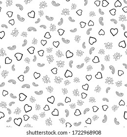 Seamless pattern of hearts, rainbows lotus on the transparent background. 