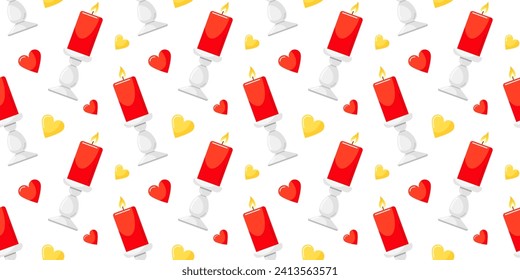 Seamless pattern with hearts and red candles with fire in candlesticks. Background for Valentine day, Christmas, wedding. Design for textile prints, wrapping paper. Vector flat cartoon illustration