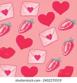 seamless pattern of hearts in red color love letter strawberry background valentine's day card isolated on pink background