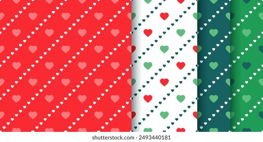 Nahtloses Muster mit Herzen. Rot-grüne Hintergründe. Weihnachtsmusiken werden gedruckt. Legen Sie festliche Packpapiere. Neuen Jahre Texturen. Kollektion geometrische Hintergründe. Vektorillustration  