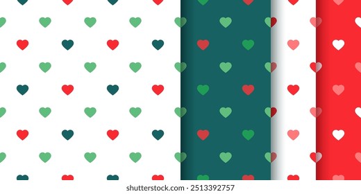 Seamless pattern with hearts. Red green backgrounds. Christmas prints. Set festive wrapping papers. Modern elegant textures. Collection geometric backdrops. Vector illustration