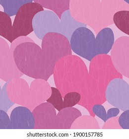 seamless pattern with hearts in red, pink and purple, located one on top of the other with a spider web effect