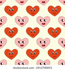 Seamless Pattern with Hearts Red and Pink Characters Smile for Valentine Day. Mascot in groovy and Y2k style. Vector cartoon illustration.