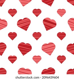 Patrón sin brillo con corazones. El rojo raya los corazones sobre el fondo blanco. Imagen texturizada del Día de San Valentín. Ilustración vectorial.