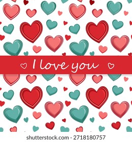 Nahtloses Muster mit Herzen in roten und türkisfarbenen Farben. In der Mitte rotes Band mit dem Text Ich liebe dich. Vektorgrafik für Karten, Grußkarten, Bildschirmhintergründe, Textilien im Zusammenhang mit Liebe und Romantik