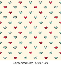 Seamless pattern with hearts in retro colours. Hand drawn.