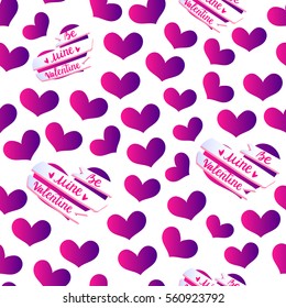 Seamless pattern with hearts and ribbon banners and place for your text, happy Valentines day background, Lettering Be Mine Valentine, EPS 10