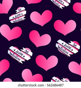 Seamless pattern with hearts and ribbon banners and place for your text, happy Valentines day background, Lettering Be Mine Valentine, EPS 10