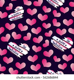 Seamless pattern with hearts and ribbon banners and place for your text, happy Valentines day background, Lettering Be Mine Valentine, EPS 10