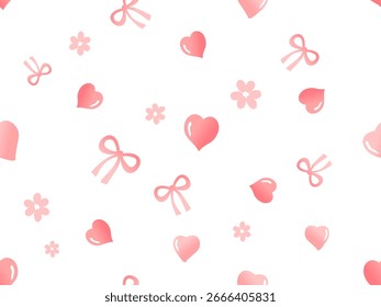 Seamless pattern with hearts, ribbon bows and cute pink flower on white background vector. 