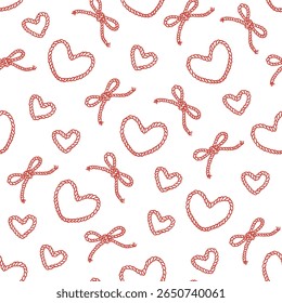 Seamless pattern with hearts of rope and corde bows with knot tied. Vintage print for fabric, wallpaper or wrapping paper. Cowboy or nautical print design