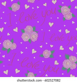 Seamless pattern of hearts, rose flower, love letter and love text on a violet background. Vector illustration.