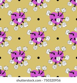 Seamless pattern with hearts, roses and polka dots.