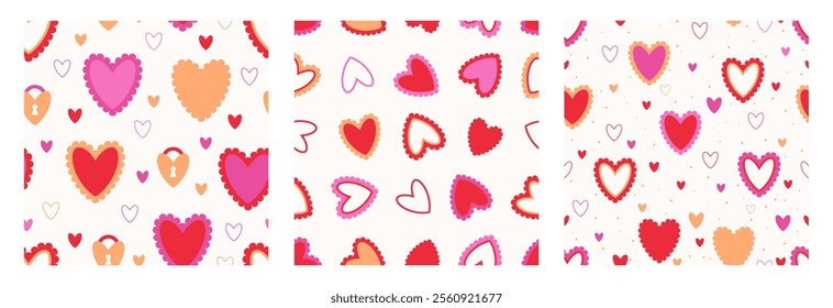 Seamless pattern with hearts, ruffles, love locks, and stars for Valentine's Day, Women's Day, or a Birthday. A delicate print for the holiday of love. Suitable for gift wrapping