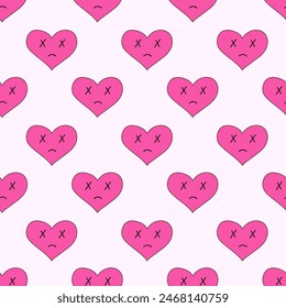 Seamless Pattern with hearts of sadness, dead in emo style. Y2k. Pink weird gloomy hearts. Anti Valentine Day. Vector flat illustration.