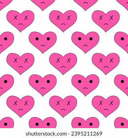 Seamless Pattern with hearts of sadness in emo style. Y2k. Pink weird gloomy hearts. Anti Valentine Day. Vector flat illustration.