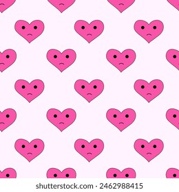 Seamless Pattern with hearts of sadness in emo style. Y2k. Pink gloomy hearts. Anti Valentine Day background. Vector flat illustration.