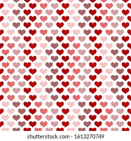 Seamless pattern of hearts. Shades of red and pink. Symbol of love, Valentine's day, wedding. Suitable for packaging, postcards, decoration, textiles. Vector illustration