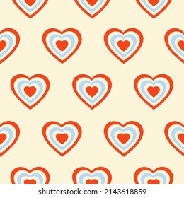 Seamless pattern with hearts shaped tunnel isolated on a beige background. Modern minimal  illustration for decoration. Retro vector print in style 60s, 70s