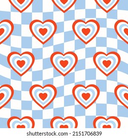 Seamless pattern with hearts shaped tunnel  on a  blue checkered background. Modern retro hippie illustration for decoration. Aesthetic vector print in style 60s, 70s	