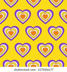 Seamless pattern with hearts shaped tunnel isolated on a yellow background. Modern minimal illustration for decoration. Retro vector print in style 60s, 70s