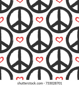 Seamless pattern with hearts and signs of peace. Grunge, graffiti, sketch, watercolor, paint. Endless vector illustration.