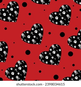 Seamless pattern hearts with skulls and crosses.Red background with sculls and crossbones.Heart shaped pattern.
    