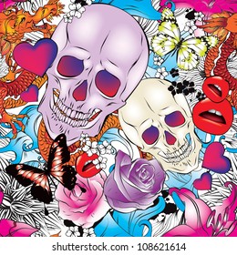 Seamless pattern with hearts, skulls and flowers