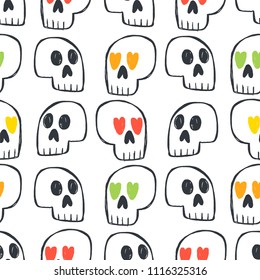 Seamless pattern hearts and skulls. Print for the cover of the book, postcards, t-shirts. Illustration for rugs. Decorative element. Figure for textiles. Repeating texture.