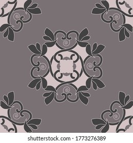 Patrón sin foco con corazones, espirales y pájaros. Colores Marrón rosado oscuro y luz marrón rosada, gris oscuro. Vector.