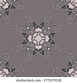 Seamless pattern with hearts, spirals and birds. Colors Pinkish Brown dark and Pinkish Brown light, Dark grey. Vector.