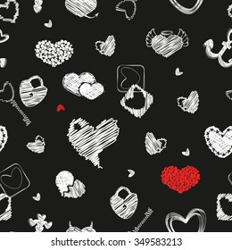 Seamless Pattern with Hearts. St. Valentine's Day Design Element. Doodle Style. Vector. White elements on black background.