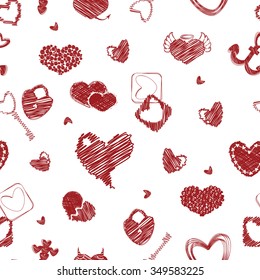Seamless Pattern with Hearts. St. Valentine's Day Design Element. Doodle Style. Vector. Red elements on white background.