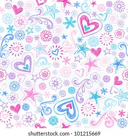 Seamless Pattern Hearts and Stars Back to School Sketchy Notebook Doodle Design- Hand-Drawn Vector Illustration Background