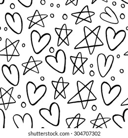 Seamless Pattern Hearts and Stars Back to School Sketchy Notebook Doodle Design- Hand-Drawn Vector Illustration Background