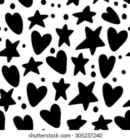 Seamless Pattern Hearts and Stars Back to School Sketchy Notebook Doodle Design- Hand-Drawn Vector Illustration Background