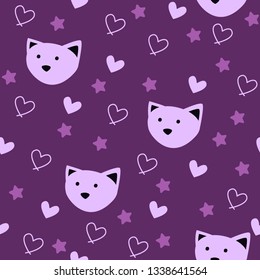 seamless pattern with hearts, stars and cartoon cats on violet background. vector image. can be used as packaging paper design, textiles, kitchen supplies, Wallpaper, postcards, background and more.