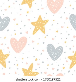 Patrón sin brillo con corazones, estrellas y puntos sobre fondo blanco. Ilustración para el día de San Valentín, diseño de ropa para niños, papel tapiz, rellenos de patrones, fondo de página web, papel de envoltura