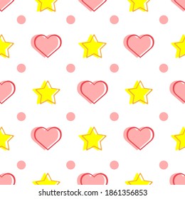 Seamless pattern with hearts, stars and dots. Romantic print. Simple vector illustration.