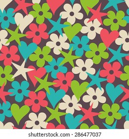 seamless pattern with hearts, stars and flowers