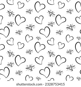 Seamless pattern with hearts and stars in a hand-drawn minimalist style, isolated on a white background, for printing on clothes, wrapping paper, bed linen.