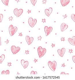 Seamless pattern with hearts and stars on white background. Hand drawn vector illustration. For decoration Valentine's day. For scrapbooking, printing on wrapping paper, clothes, crockery, fabric.