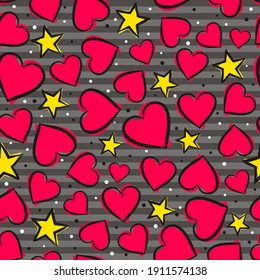 Seamless pattern with hearts and stars on a striped gray background. Cartoon hand drawn pink hearts and yellow stars. Template on the theme of love, weddings and Valentine's Day. Vector illustration