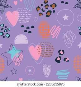 Patrón sin brillo con corazones y estrellas en un fondo de color. Ilustración vectorial para impresión en tela, papel de envoltura. Antecedentes abstractos.