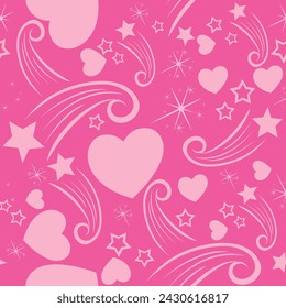 Seamless pattern with hearts and stars on pink background. Vector illustration for textile, fashion, kids, book, wallpaper, storybook and other uses.