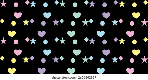 Seamless pattern with hearts and stars on a black background.