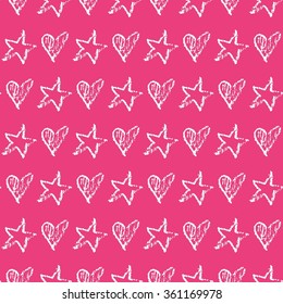 Seamless pattern with hearts and stars painted with chalk or pencil.