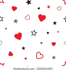 Patrón sin brillo con corazones y estrellas. Colores rojos y negros sobre fondo blanco. Ilustración vectorial.