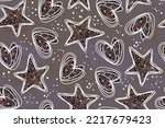 Seamless pattern, hearts, stars, stylized leopard pattern inside heart. dark watercolor background. concept Love, beauty, fashion. One continuous line drawing and spots of animal skin.