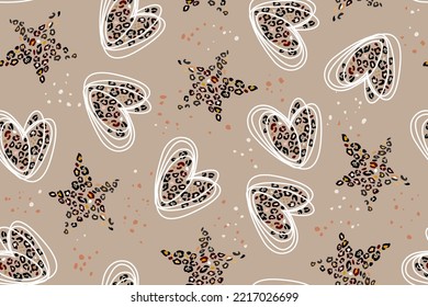 Seamless pattern, hearts, stars, stylized leopard pattern inside heart. Ash pink background. concept Love, beauty, fashion. One continuous line drawing and spots of animal skin.